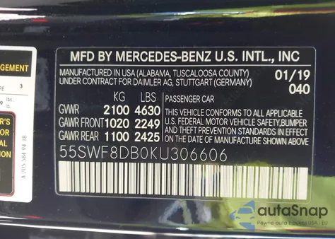 2019 Mercedes-Benz C 300 из США, поврежденный, VIN 55SWF8DB0KU306606